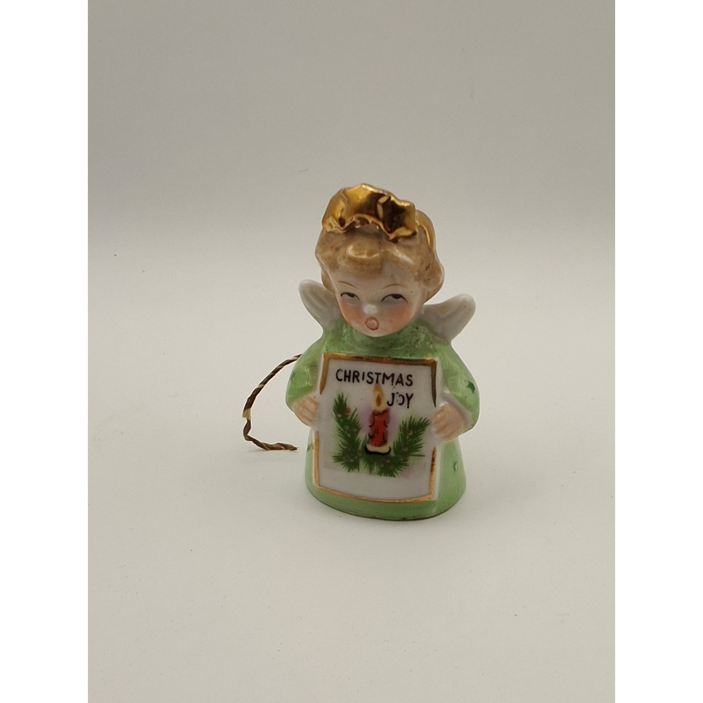 Vintage Ardalt Japan Angel Bell Ornament Christmas Joy Noel Ceramic Green Gold